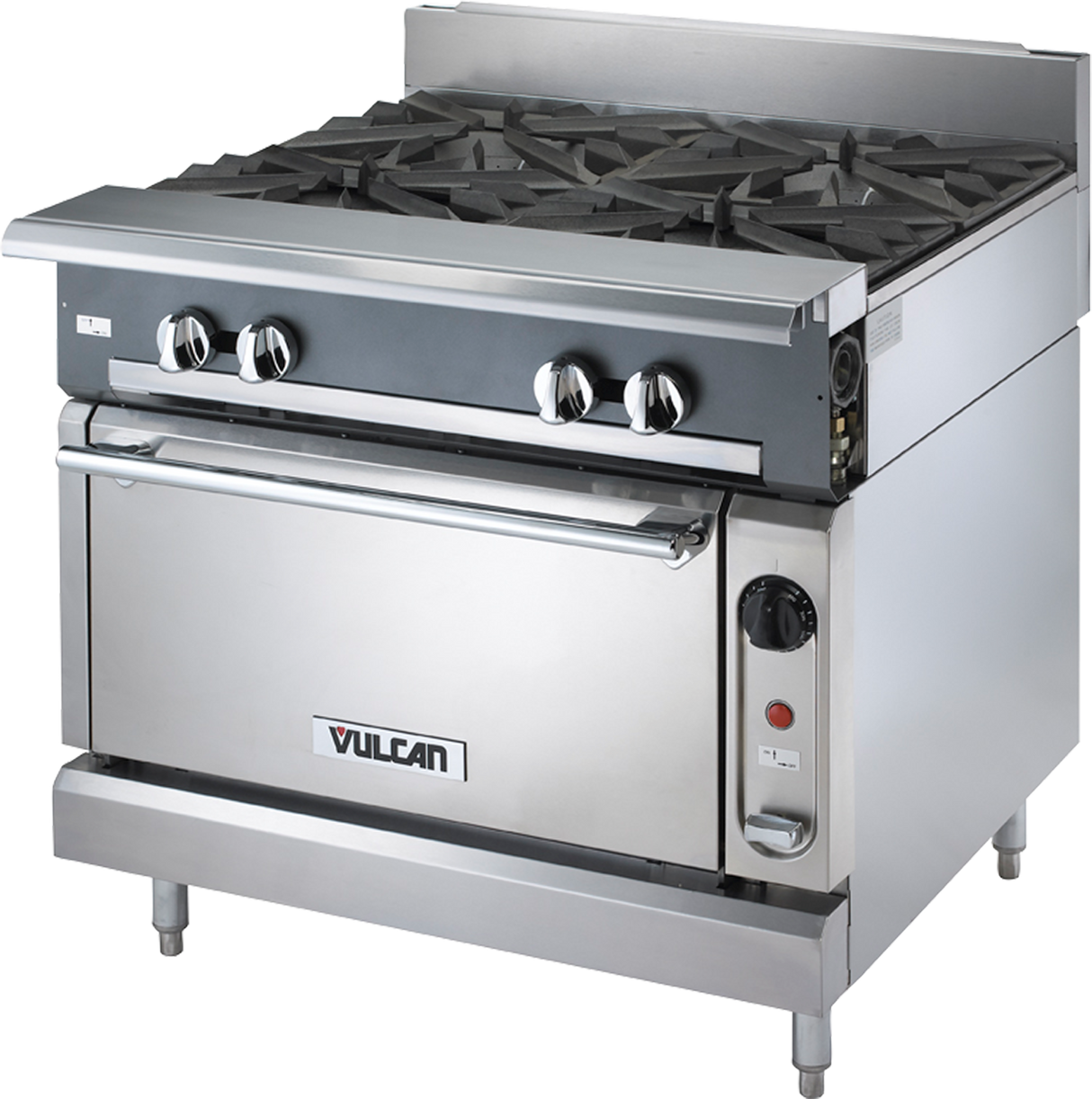A Heavy Duty Range with four black gas burners on top, control knobs on the front, a standard oven below with a handle, and the Vulcan brand name displayed. This stainless steel appliance features a modern, industrial design.
