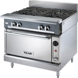 A Heavy Duty Range with four black gas burners on top, control knobs on the front, a standard oven below with a handle, and the Vulcan brand name displayed. This stainless steel appliance features a modern, industrial design.