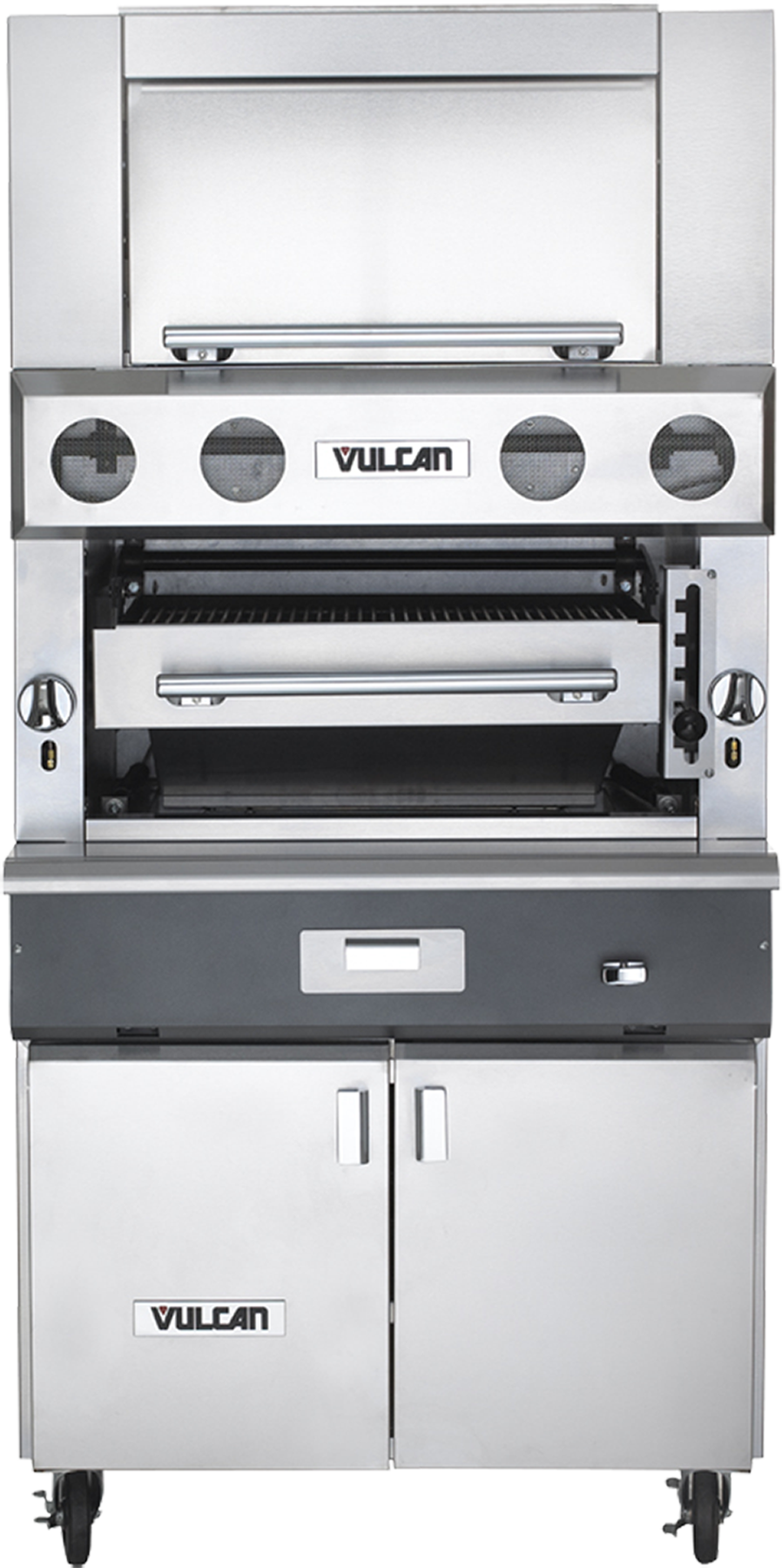 A large, stainless steel Vulcan V Series heavy duty broiler with an open grilling compartment, knobs on both sides, storage cabinet below, and four wheels. The modern, industrial grill features the Vulcan logo displayed in two places.