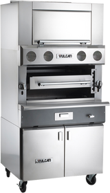 A commercial Vulcan V Series gas broiler with a front-facing cooking chamber, four round control knobs, a handle, lower storage cabinet with two doors, and casters. This heavy duty broiler features a modern industrial design for professional kitchens.