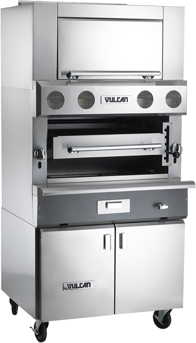 A commercial Vulcan V Series gas broiler with a front-facing cooking chamber, four round control knobs, a handle, lower storage cabinet with two doors, and casters. This heavy duty broiler features a modern industrial design for professional kitchens.