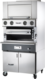 A commercial heavy duty broiler oven on wheels, featuring ceramic radiant burners, a control panel with four knobs, a pull-down broiler door, a shelf below, and double-door storage cabinet—all in a clean, modern stainless steel design.
