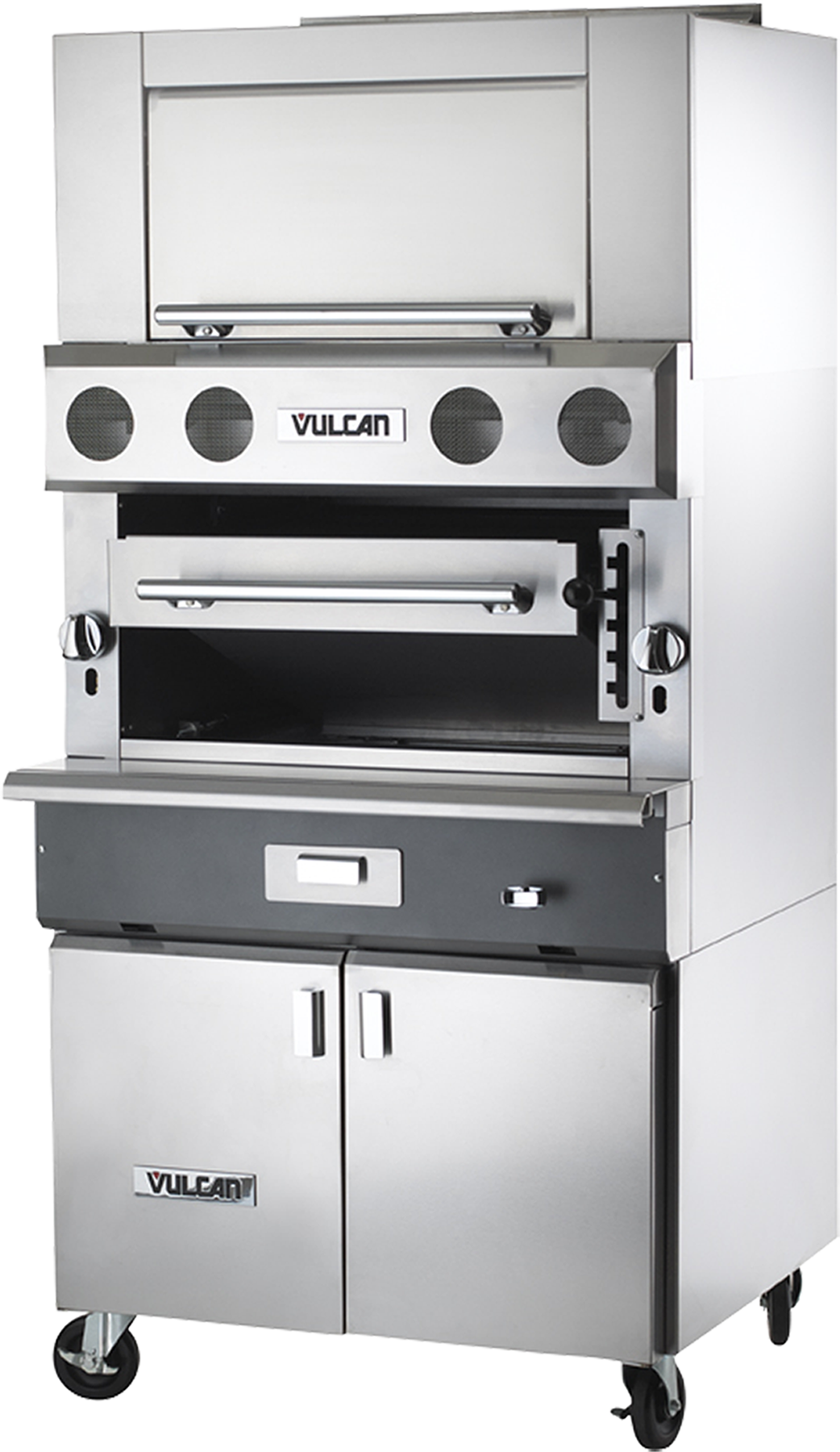 A heavy duty Vulcan V Series gas broiler with control knobs, horizontal handle, vented top, storage drawers, and double doors at the base—all on caster wheels for mobility—designed for professional kitchen use.