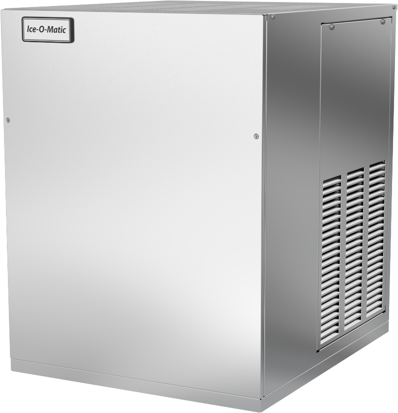 A stainless steel commercial ice maker with a flat top and smooth sides. The front displays an Ice-O-Matic logo, while the right side features a vent panel for the air-cooled condenser. This machine boasts a clean, modern design and produces refreshing nugget ice.