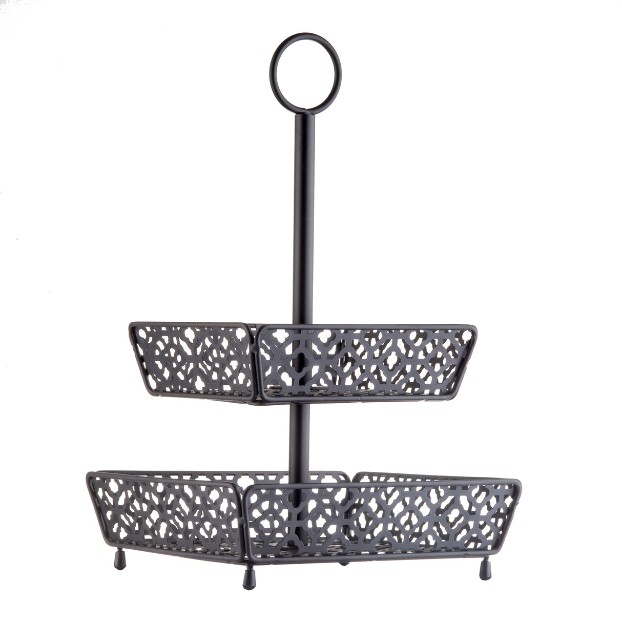 A two-tiered, black metal fruit basket with ornate, cut-out patterns on each tier. The rectangular trays are supported by a central pole and topped with a circular handle for easy carrying. Four small legs elevate the lower tier.