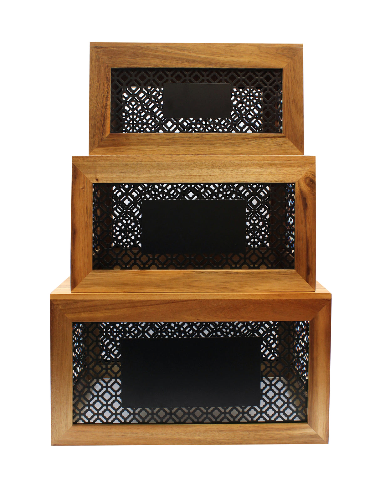 Three rectangular acacia wood crates from the Farmhouse Collection Crate Set are stacked, each featuring a black decorative geometric pattern and a solid black center panel. The modern, elegant TableCraft Products design decreases in size from bottom to top.