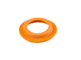 An orange, circular rubber Gasket with a smooth surface and a raised inner ring, set against a white background. This flexible gasket is ideal for sealing or cushioning in mechanical or plumbing uses, and fits perfectly on a 2.4 oz. jar with a clip top lid.