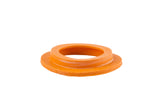 An orange, round rubber gasket for a clip top lid sits on a white background. It features a central hole, raised beveled edge, and slightly glossy texture with visible molding lines and minor imperfections.