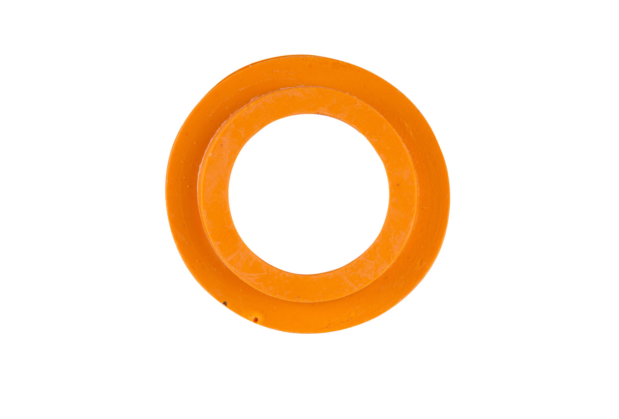 A single, solid orange rubber gasket is centered on a white background. The ring appears smooth, circular, and slightly translucent, with a shiny surface reflecting light—perfect for sealing a 2.4 oz. jar or clip top lid.
