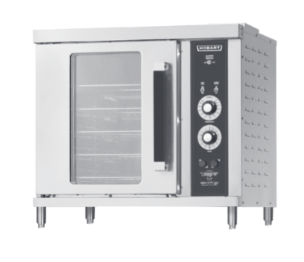 A stainless steel, half-size gas convection oven with a glass door, four short legs, and a black control panel on the right side featuring dials, switches, indicator lights, and the Hobart brand name at the top.