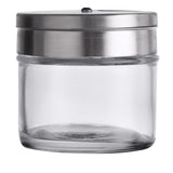 A clear, empty glass jar with a wide mouth and a round, flat base. The shiny, silver metal lid features a rotating top that fits snugly. The surface is smooth and transparent, with no labels or decorations. This jar is also dishwasher safe.