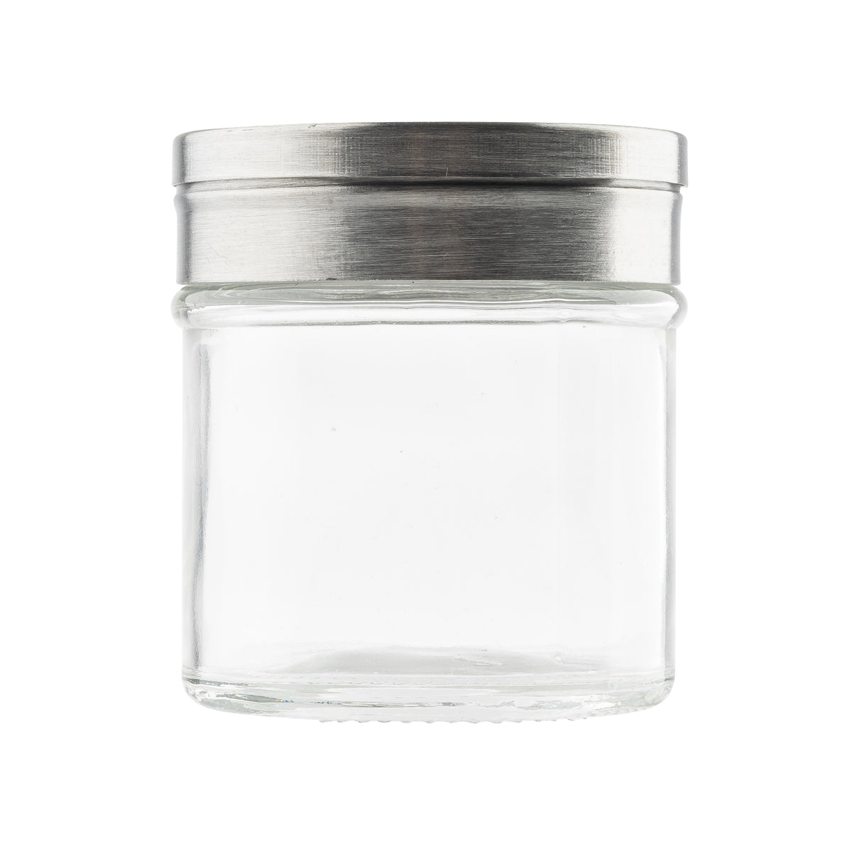 A transparent empty glass jar with a wide opening and a silver metal screw-on lid featuring a rotating top, shown against a plain white background. The cylindrical shaker is clean, dishwasher safe, and the lid has a brushed metallic finish.