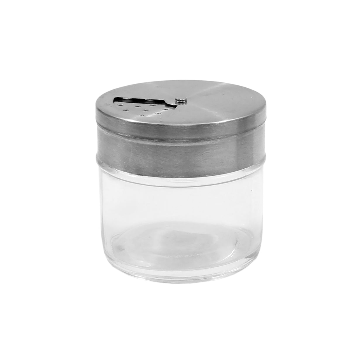 A clear glass shaker jar with a flat, round, metal lid featuring holes for shaking and a rotating top with a sliding cover. The container is empty and isolated on a white background.