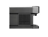 Side view of a modern, metallic, chewable ice machine with a vented panel in the center, control buttons in front, and a rectangular, boxy design, isolated on a white background.