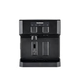 A compact ice and water dispenser, this black Scotsman model features a digital display panel, buttons, and dispensing area. Its sleek rectangular design includes a central spout and drip tray, offering chewable nugget ice against a plain white background.