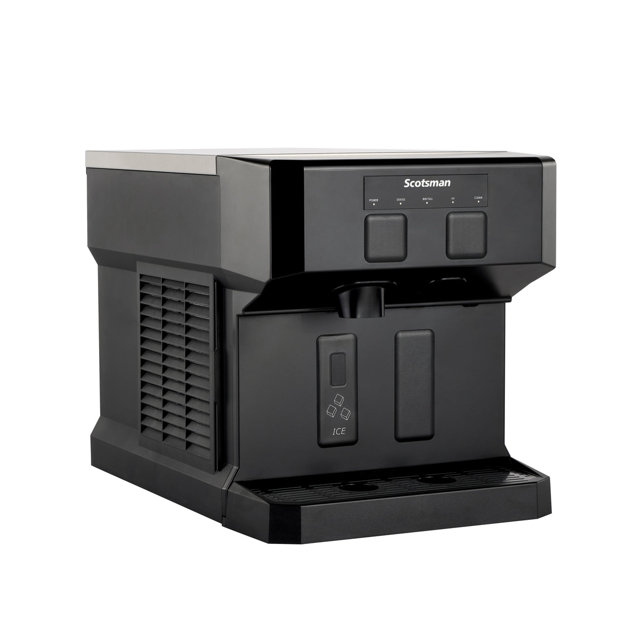 A black Scotsman nugget ice machine with a rectangular shape, vented side panel, three icon-labeled buttons on the front, and a dispenser area below. The compact unit offers chewable ice and sits on any flat surface with a matte and glossy finish.