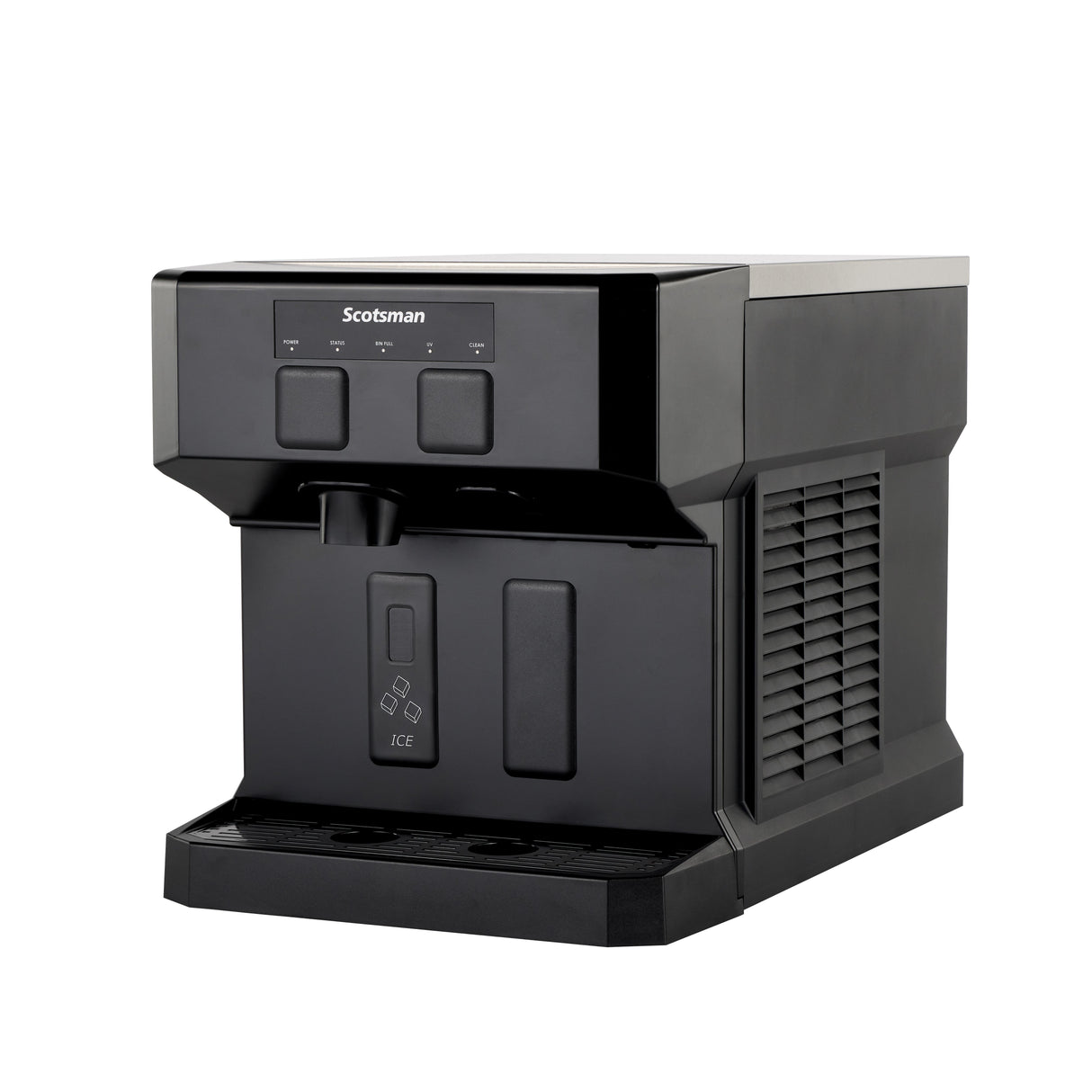 A black Scotsman compact ice and water dispenser with a boxy design, front control panel with buttons and indicator lights, two dispensing nozzles, and a drip tray at the bottom. The side features a vented panel. The background is plain white.