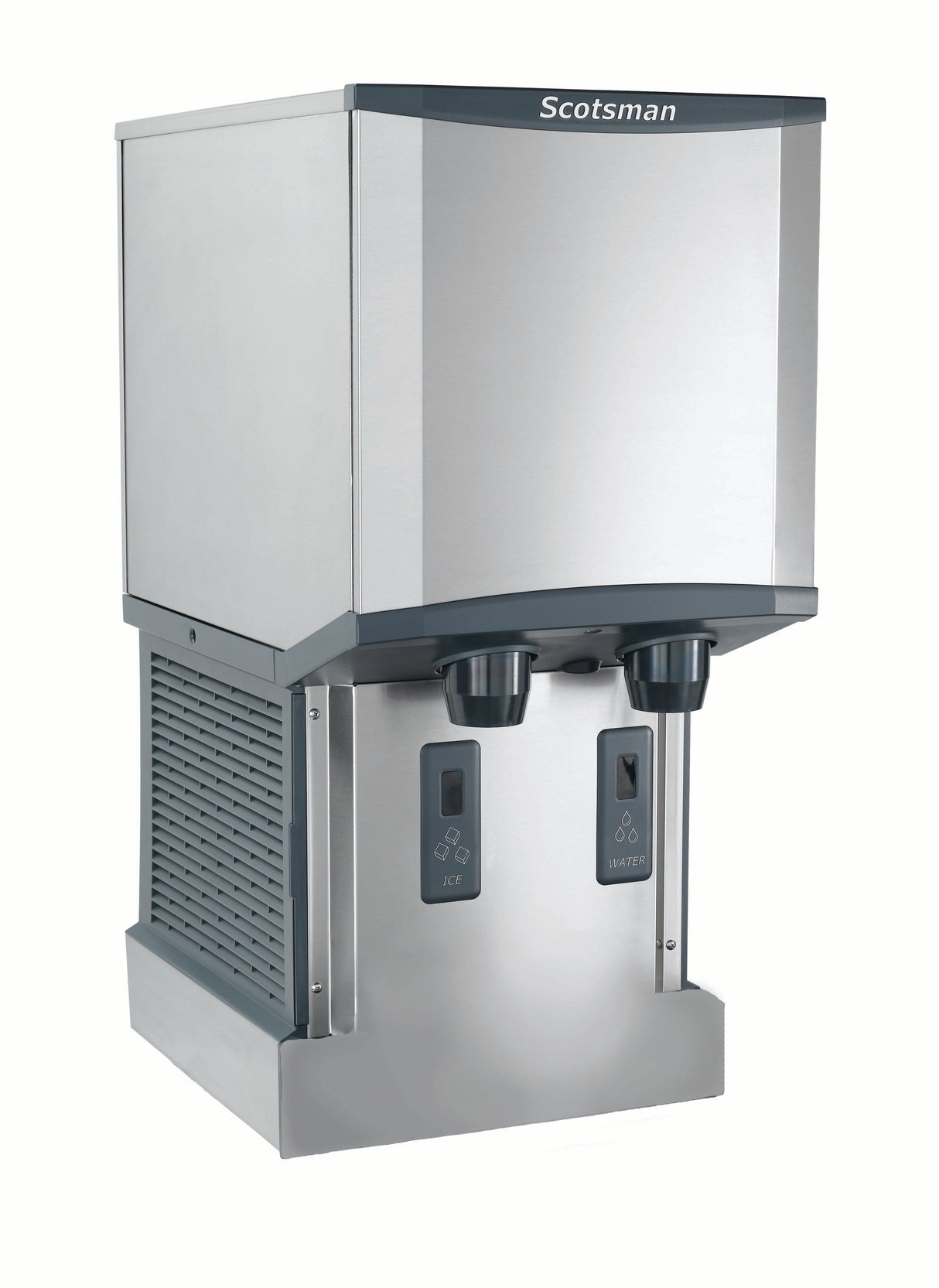 A modern, stainless steel ice and water dispenser with Touchfree infrared dispensing and two black nozzles for nugget ice and water. The Scotsman brand is displayed on the top panel, complementing its boxy shape and sleek, industrial design.
