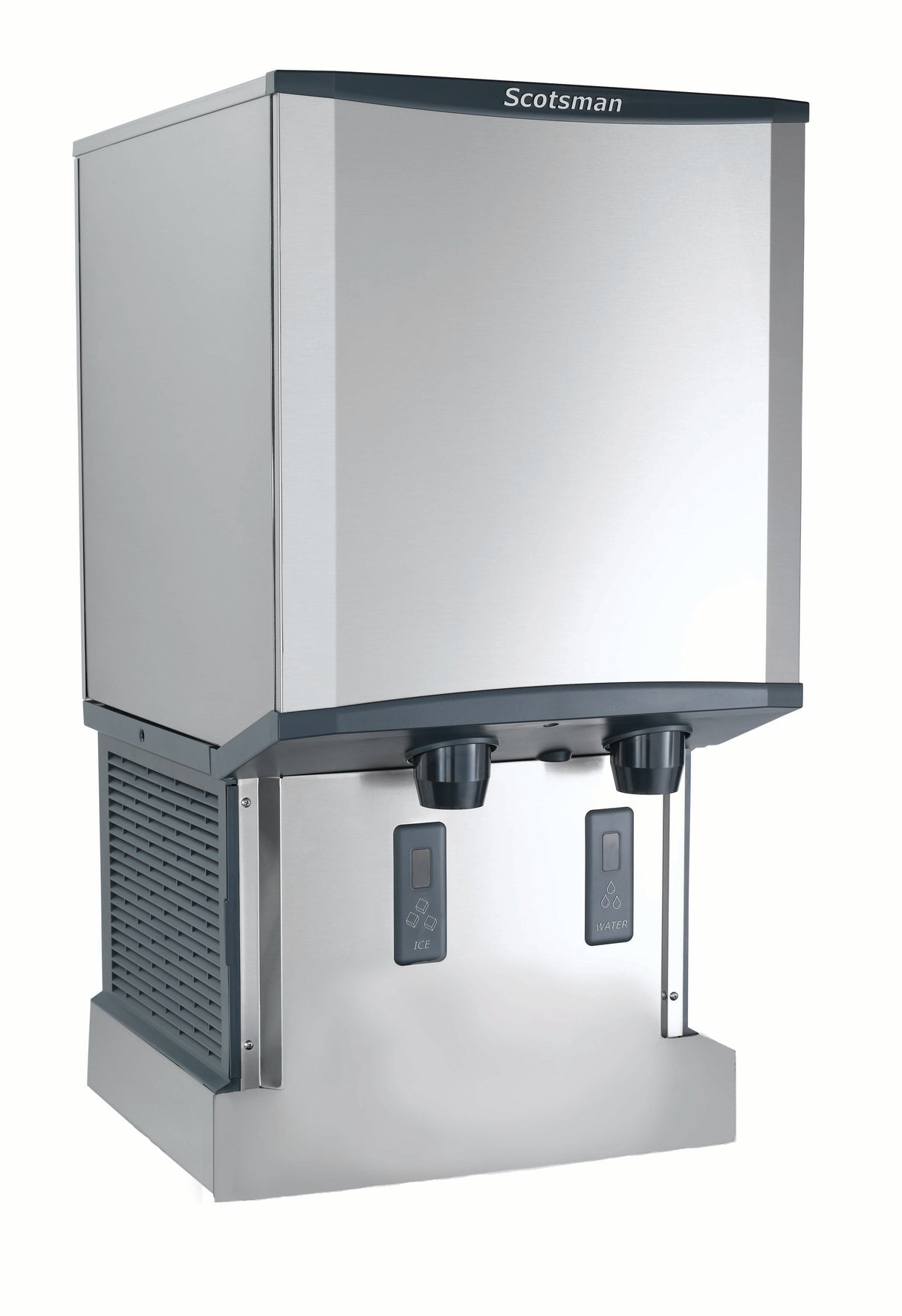 A stainless steel Scotsman ice and water dispenser with two black dispensers, digital display panels, and a rectangular, modern design. Featuring Touchfree infrared dispensing, the unit offers ventilation panels and a flat, reflective front surface.