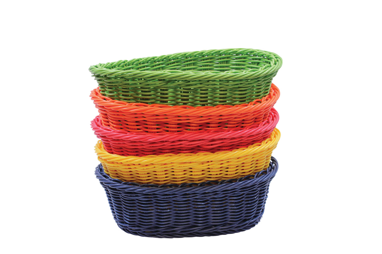 Five small Ridal Collection Baskets are stacked inside each other. From top to bottom, the colors are green, orange, red, yellow, and blue. Each hand-woven polypropylene basket has a smooth, glossy texture and sits against a plain white background.