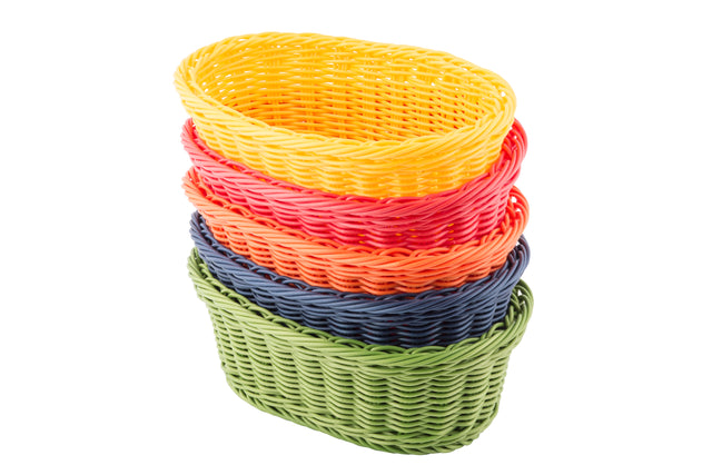 Five empty, oval-shaped Ridal Collection Baskets are stacked together. Each hand-woven polypropylene basket is a different color: yellow on top, then red, orange, blue, and green. The heat resistant baskets sit on a white background.