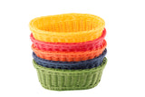 A stack of five Ridal Collection hand-woven polypropylene baskets in yellow, red, orange, blue, and green—arranged from top to bottom—features round shapes with textured surfaces. Each basket is heat resistant and displayed on a white background.