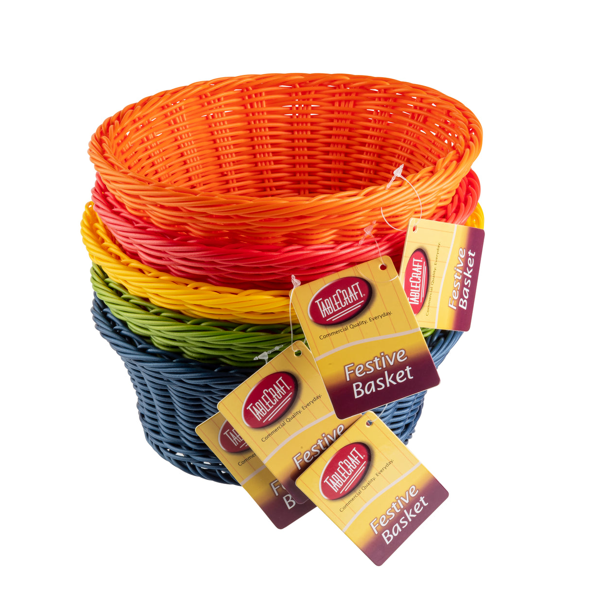 Four woven baskets from the Ridal Collection are stacked in bright orange, red, yellow, and blue. Each heat resistant basket features a “Festive Basket” tag with yellow and red accents and the TableCraft brand. White background.