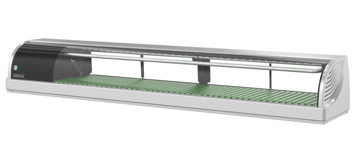 A long, stainless steel and glass Hoshizaki refrigerated sushi case with a curved front, green slotted base, and internal lighting. This countertop display case is perfect for showcasing fresh sushi or sashimi in restaurants.