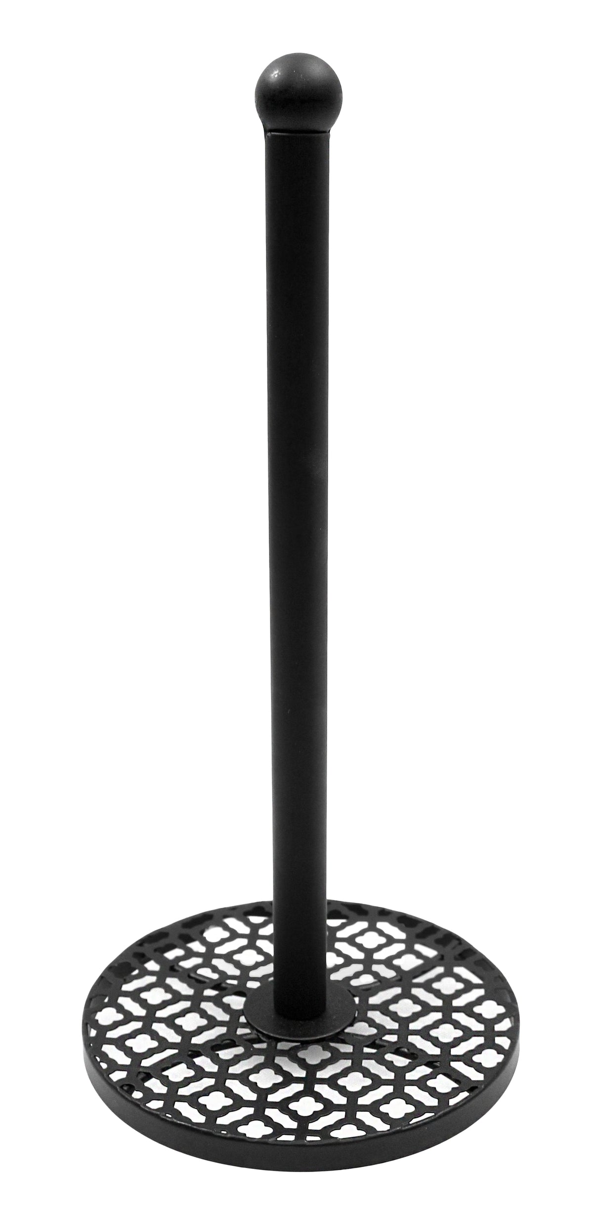 This tabletop paper towel holder features a black metal vertical rod and a round, flat base with a decorative geometric cut-out pattern, combining stability and style for a charming farmhouse paper towel holder.