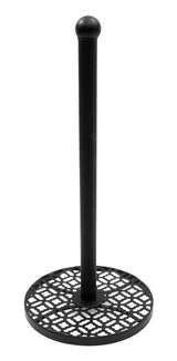 This tabletop paper towel holder features a black metal vertical rod and a round, flat base with a decorative geometric cut-out pattern, combining stability and style for a charming farmhouse paper towel holder.
