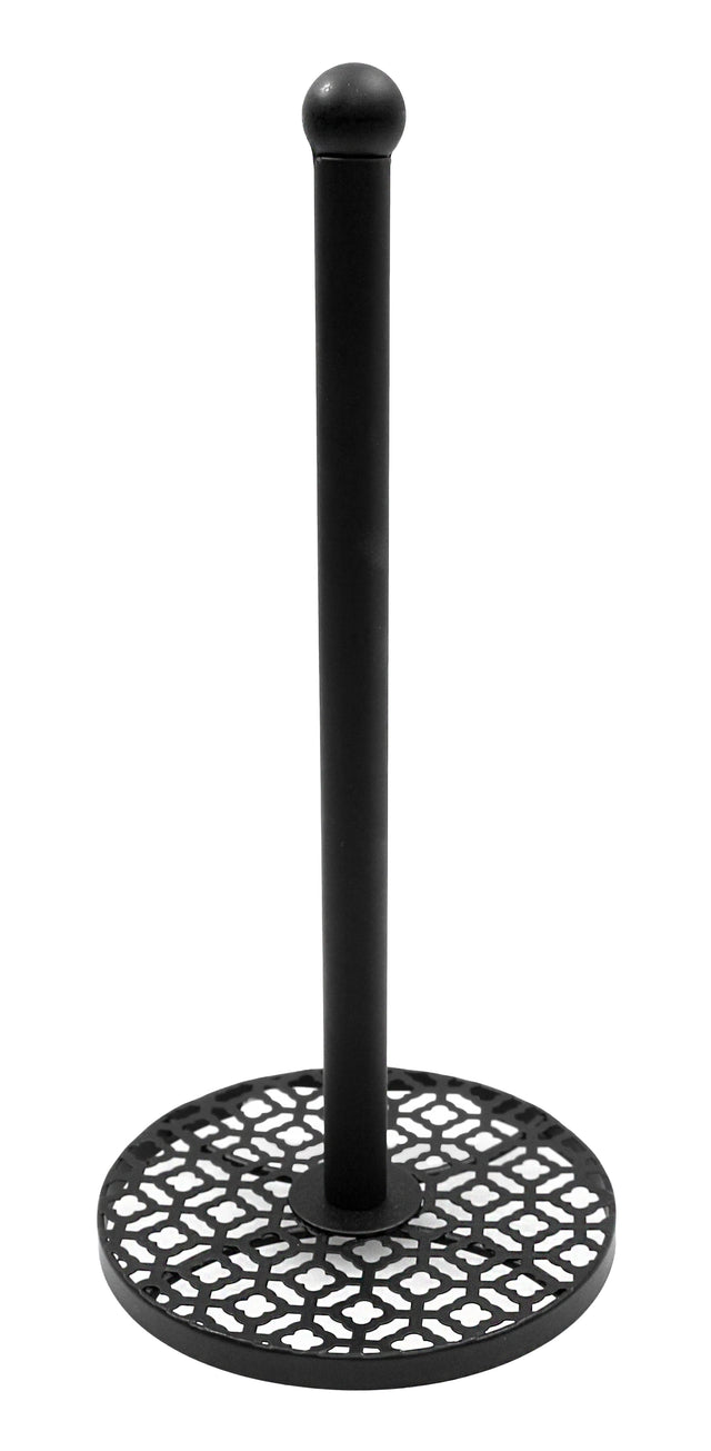 This tabletop paper towel holder features a black metal vertical rod and a round, flat base with a decorative geometric cut-out pattern, combining stability and style for a charming farmhouse paper towel holder.