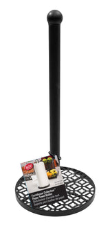 A black metal farmhouse paper towel holder with a decorative, open lattice base and smooth vertical rod topped with a rounded end. An attached product card shows the tabletop paper towel holder in use, with details in English and French.