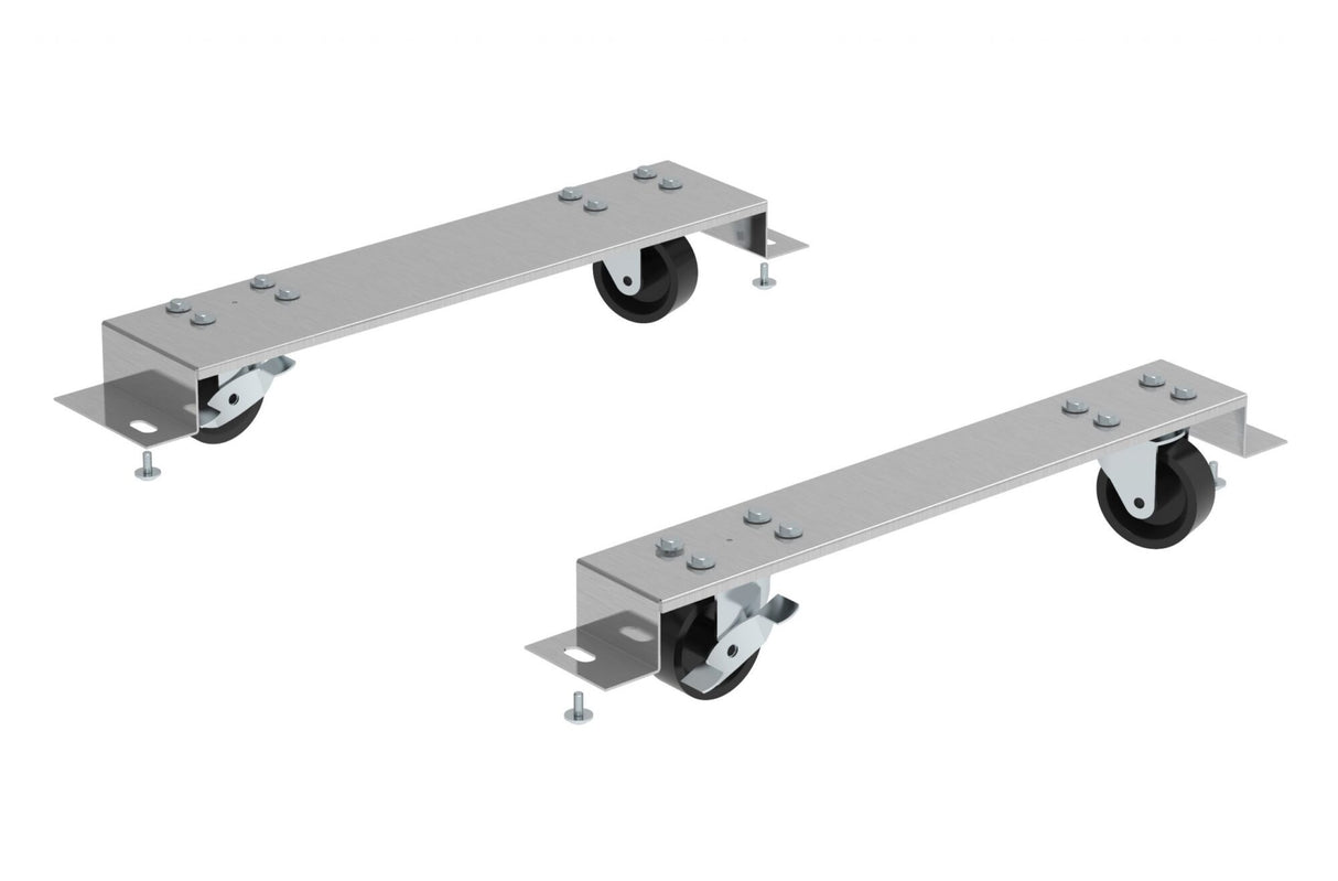 Two identical metal brackets from the Hoshizaki 4" Caster Kit, each with swivel caster wheels attached at one end. The flat, rectangular steel brackets feature bolts securing the casters and mounting plates with holes at the opposite end, all on a white background.