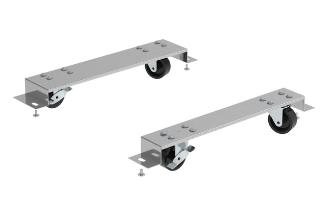Two identical metal brackets from the Hoshizaki 4" Caster Kit, each with swivel caster wheels attached at one end. The flat, rectangular steel brackets feature bolts securing the casters and mounting plates with holes at the opposite end, all on a white background.