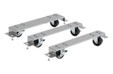 Three rectangular metal bars from a Hoshizaki caster kit, each with two black caster wheels, are positioned diagonally on a white background. Loose bolts and nuts are nearby. Each bar features a flat silver surface with visible screw heads and mounting plates.