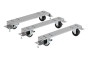 Three rectangular metal bars from a Hoshizaki caster kit, each with two black caster wheels, are positioned diagonally on a white background. Loose bolts and nuts are nearby. Each bar features a flat silver surface with visible screw heads and mounting plates.