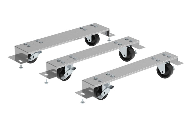 Three rectangular metal bars from a Hoshizaki caster kit, each with two black caster wheels, are positioned diagonally on a white background. Loose bolts and nuts are nearby. Each bar features a flat silver surface with visible screw heads and mounting plates.