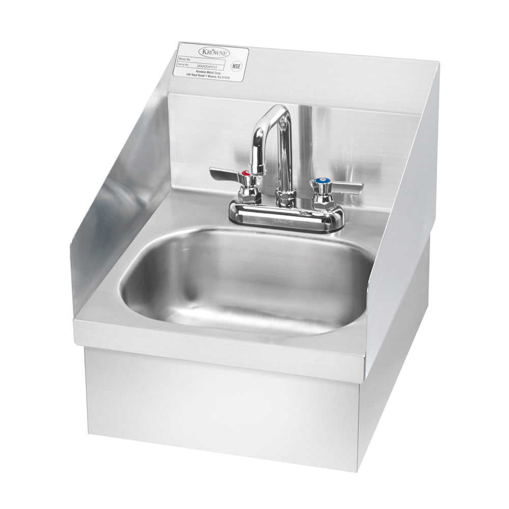 A stainless steel hand sink with a royal series faucet, high backsplash, and side splashes. This wall mount hand sink features blue and red handles for hot and cold water, ideal for professional kitchens or food service areas.