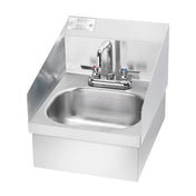 A stainless steel hand sink with a royal series faucet, high backsplash, and side splashes. This wall mount hand sink features blue and red handles for hot and cold water, ideal for professional kitchens or food service areas.
