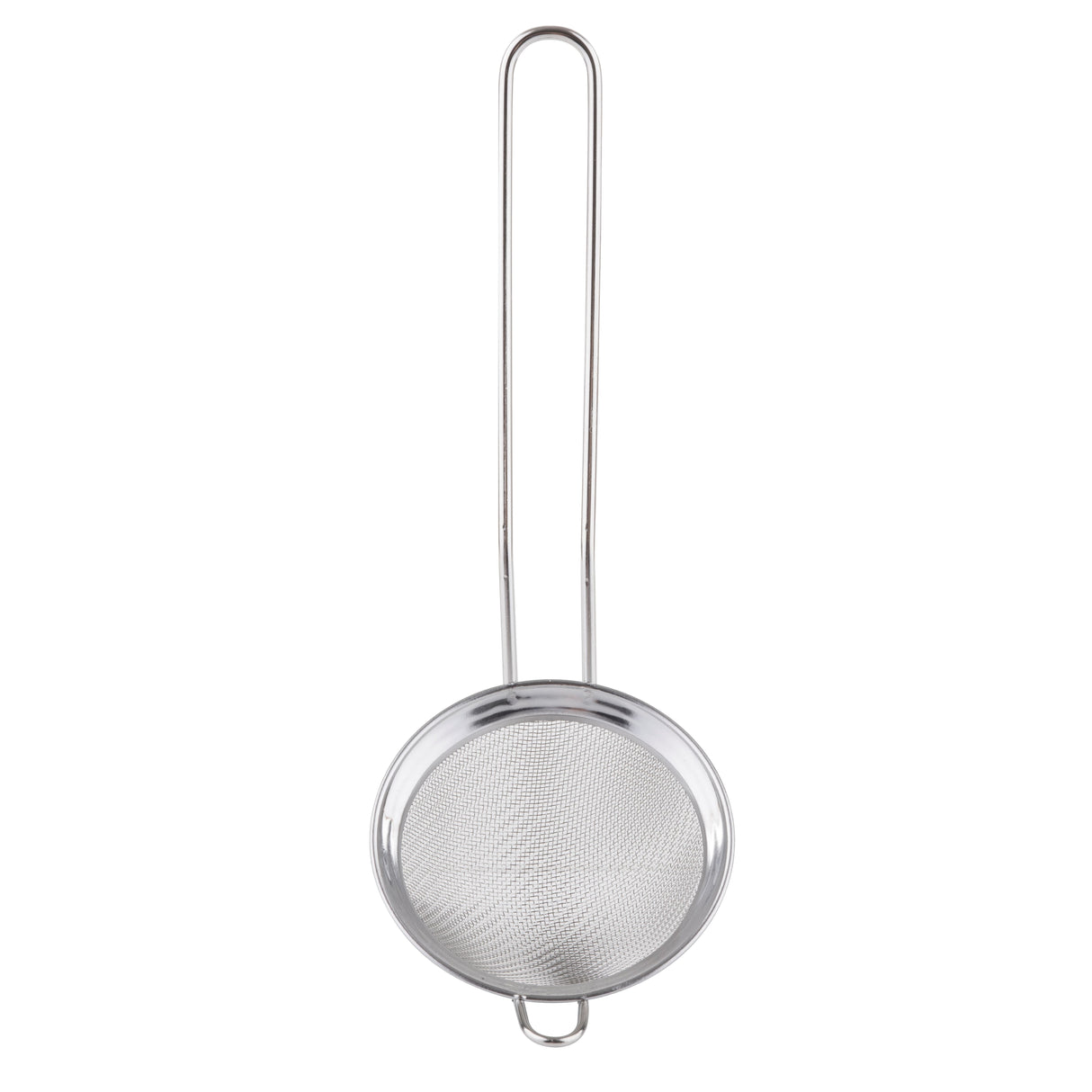 A stainless steel cocktail strainer with a fine mesh, featuring a round sieve and a long, thin handle. The strainer stands upright against a white background, its handle extending vertically above the circular mesh.