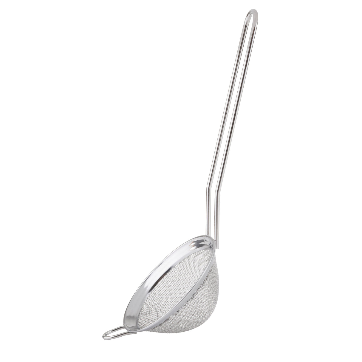 A stainless steel fine mesh cocktail strainer with a long handle and small hook opposite the handle, resting at an angle. The round, shallow mesh basket is perfect for sifting ingredients or straining drinks.