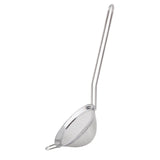 A stainless steel fine mesh cocktail strainer with a long handle and small hook opposite the handle, resting at an angle. The round, shallow mesh basket is perfect for sifting ingredients or straining drinks.