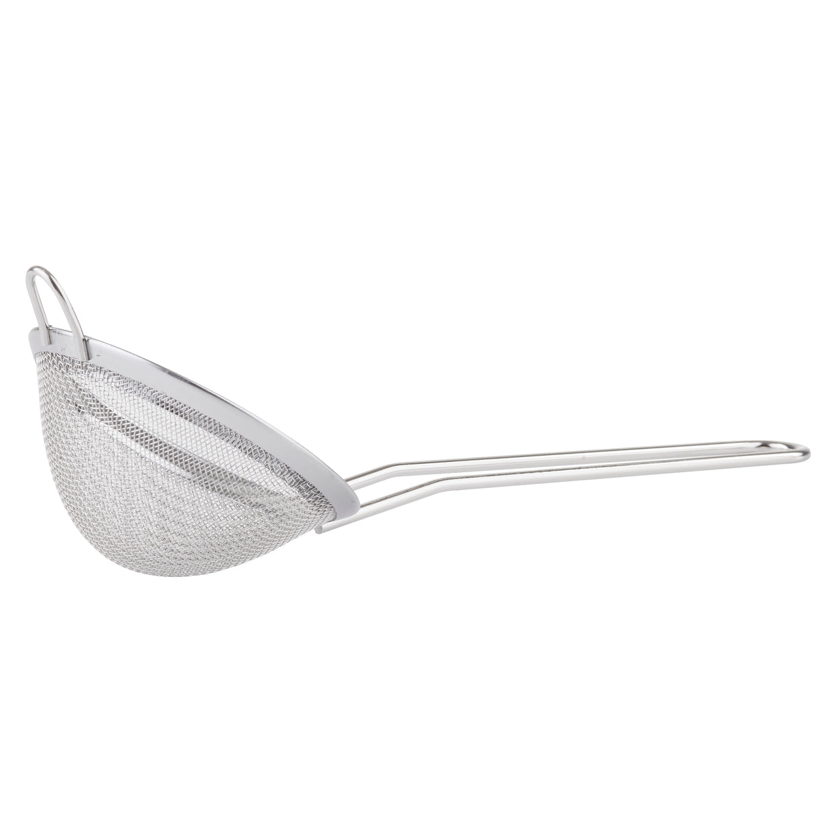 A stainless steel fine mesh strainer with a deep, rounded basket and long handle, viewed from the side. Perfect as a cocktail strainer, it features tightly woven mesh and a small hook for resting on a bowl or pot.
