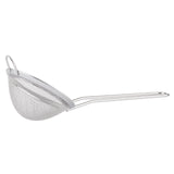 A stainless steel fine mesh strainer with a deep, rounded basket and long handle, viewed from the side. Perfect as a cocktail strainer, it features tightly woven mesh and a small hook for resting on a bowl or pot.