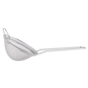 A stainless steel fine mesh strainer with a deep, rounded basket and long handle, viewed from the side. Perfect as a cocktail strainer, it features tightly woven mesh and a small hook for resting on a bowl or pot.