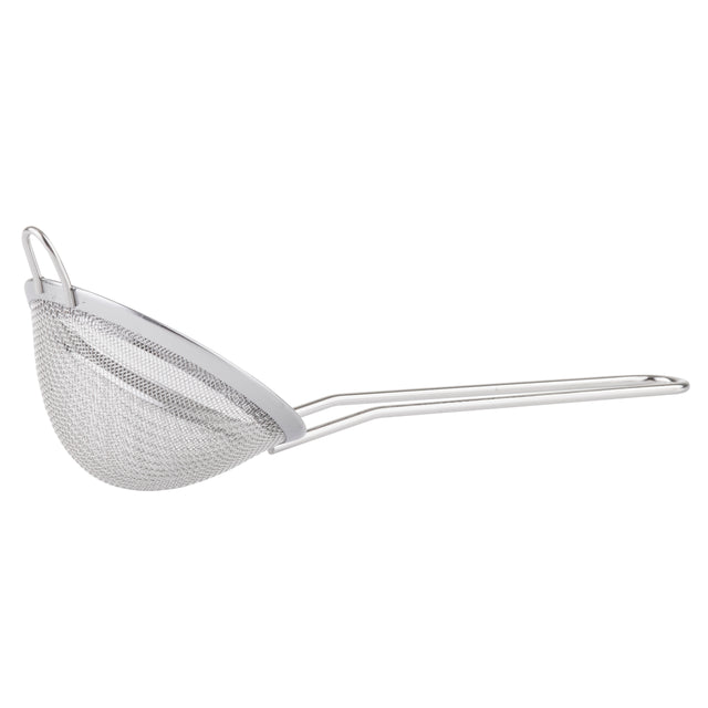 A stainless steel fine mesh strainer with a deep, rounded basket and long handle, viewed from the side. Perfect as a cocktail strainer, it features tightly woven mesh and a small hook for resting on a bowl or pot.
