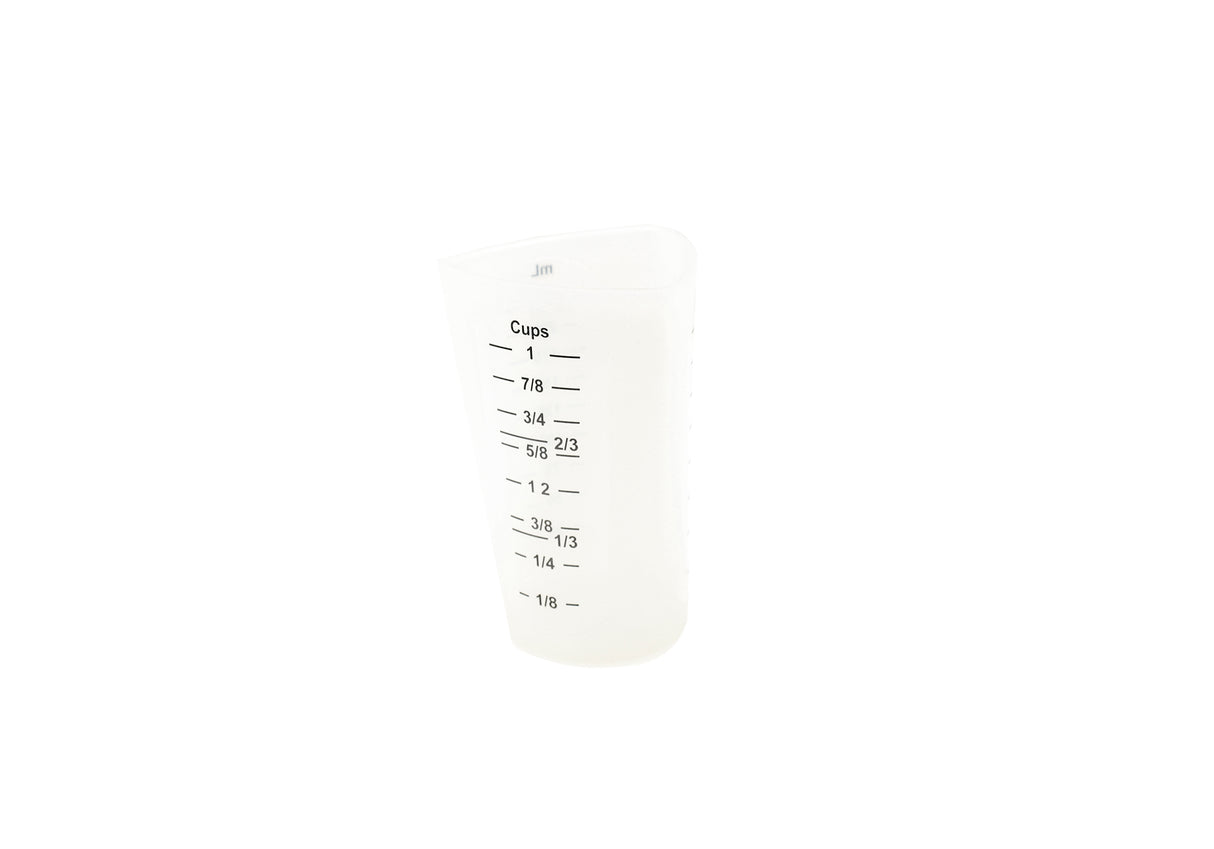 A translucent silicone measuring cup marked with black measurement lines and labels for cup fractions from 1/8 to 1 cup. The dishwasher safe cup stands upright on a white background.