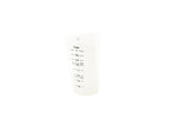 A translucent silicone measuring cup marked with black measurement lines and labels for cup fractions from 1/8 to 1 cup. The dishwasher safe cup stands upright on a white background.