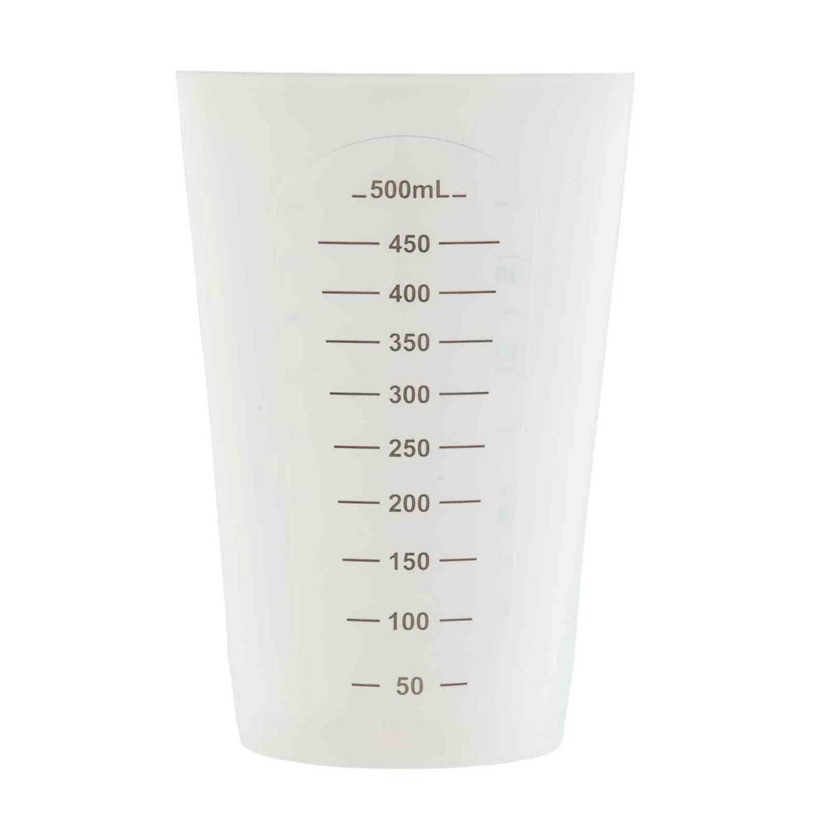 A transparent measuring cup with black milliliter markings from 50 mL to 500 mL, crafted from dishwasher safe plastic, displayed against a plain white background.