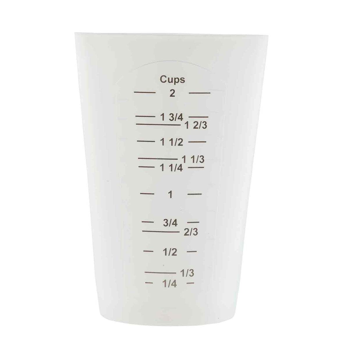 A white plastic measuring cup with black measurement markings, showing increments from 1/4 cup to 2 cups and fractional labels. This dishwasher safe measuring cup is empty and stands upright, ready for use in any kitchen task.